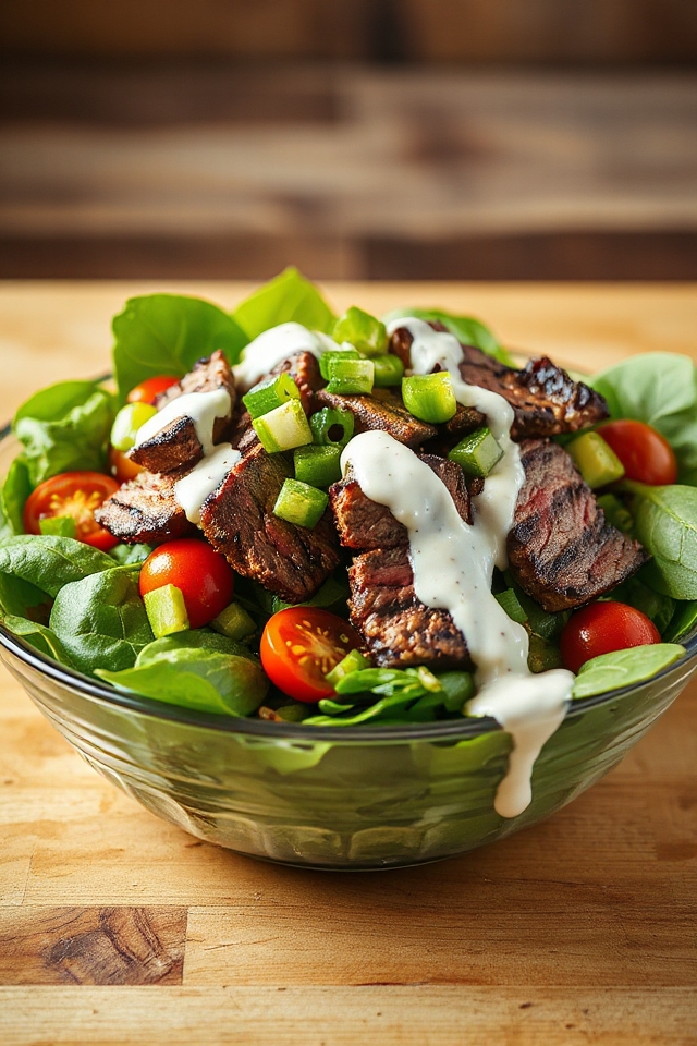grilled steak atop salad